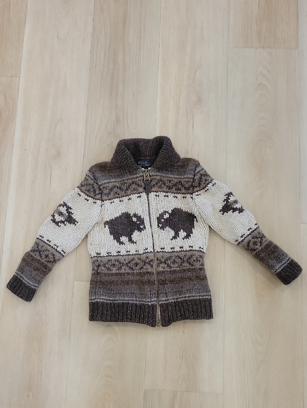 Kids Size 5 Polo by Ralph Lauren Brown & Cream Zip-Up Buffalo Motif Sweater Wool